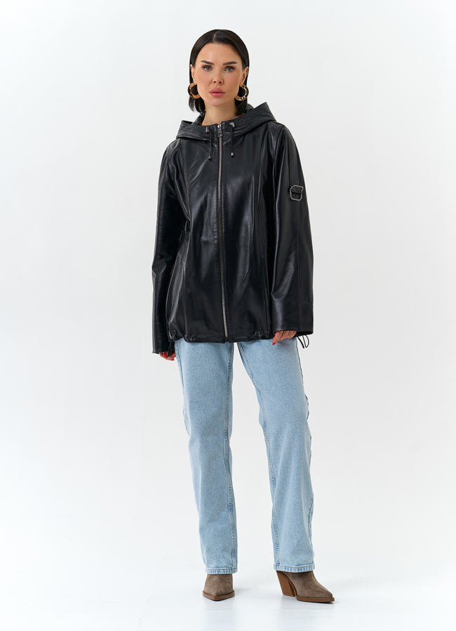 Женская куртка из натуральной кожи с капюшоном модель № 32875 в рассрочку