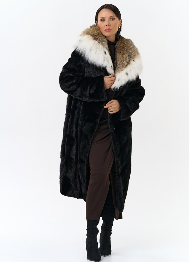 Норковая шуба черного цвета с рысью модель № 25004 в рассрочку