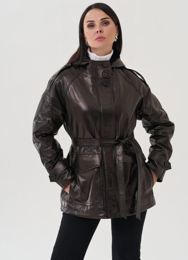 Куртка из натуральной кожи черного цвета с поясом модель № 25363 в кредит