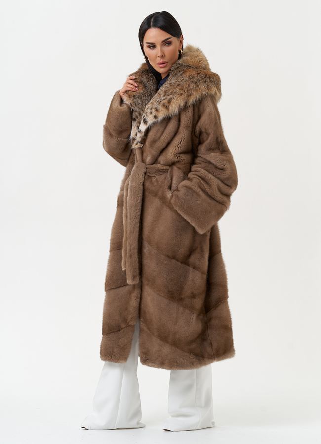 Женская шуба из меха норки с капюшоном из меха рыси модель № 31162 универмаг малина