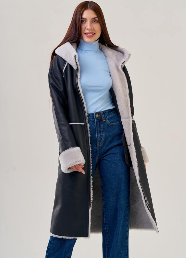 Женская дубленка с капюшоном модель № 24557 универмаг малина