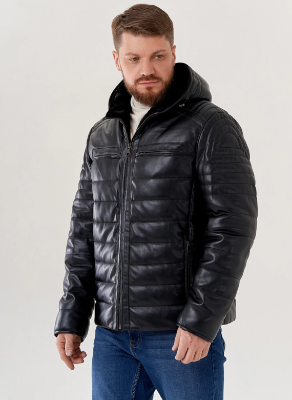 Мужская куртка из эко кожи с капюшоном 