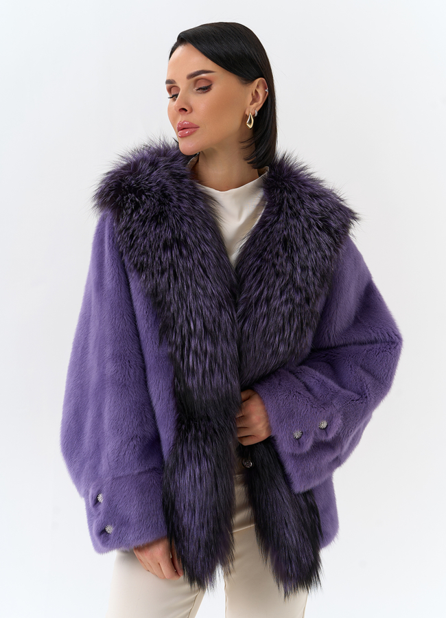 Шуба из норки с отделкой из меха чернобурки модель № 31177 меха малина