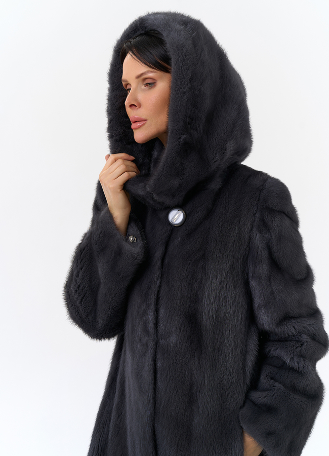Норковая шуба годе/балетка в роспуск с капюшоном цвета графит модель № 27646 универмаг малина