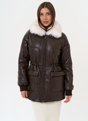 Женский пуховик из эко кожи с воротником из эко меха Женский пуховик из эко кожи с воротником из эко меха