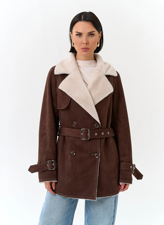 Женская дубленка из эко замши с английским воротником