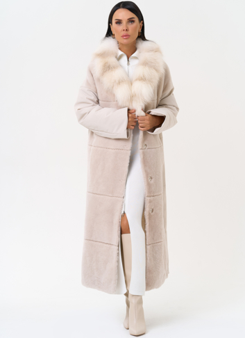 Комбинированное женское пальто из меха овчины с поясом