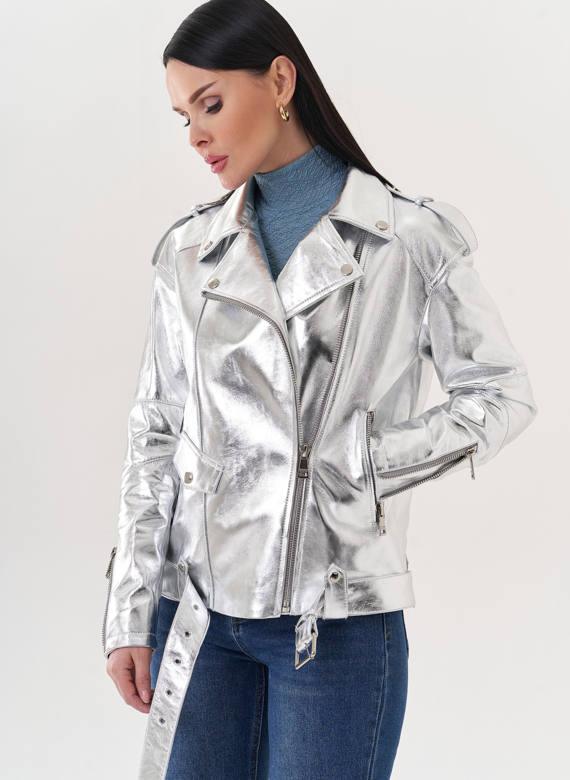 Куртка "косуха" из натуральной кожи под серебро