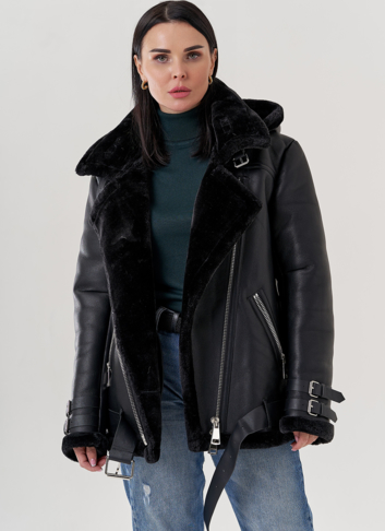 Женская дубленка пилот из эко кожи черного цвета Женская дубленка пилот из эко кожи черного цвета