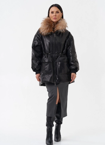 Кожаный пуховик с мехом фото