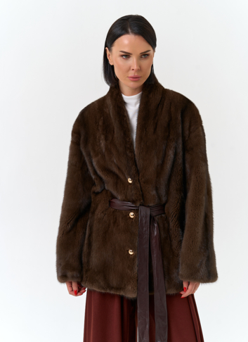 Шуба из меха норки с поясом