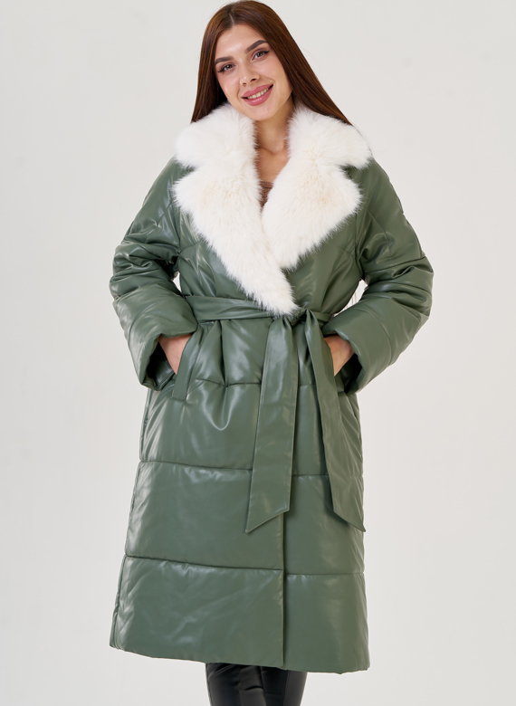 Женский классический пуховик Malina Siberian из эко кожи в зеленом цвете