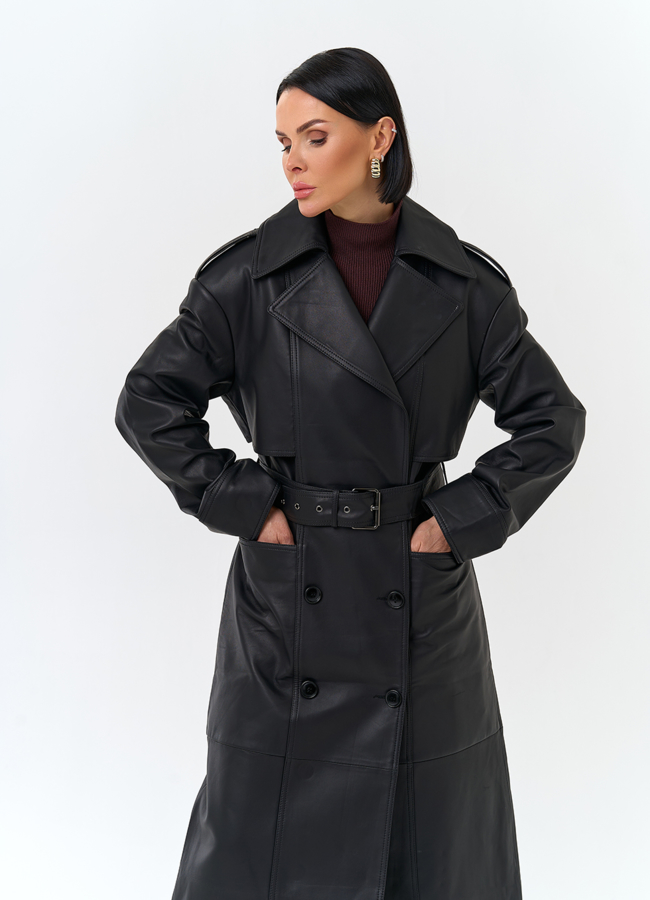 Женский плащ из натуральной кожи с поясом модель № 32901 универмаг малина