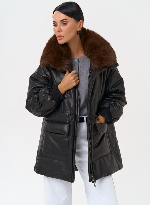 Полупальто из натуральной кожи с мехом песца