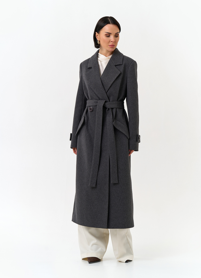 Женское длинное пальто с поясом модель № 32813 универмаг малина