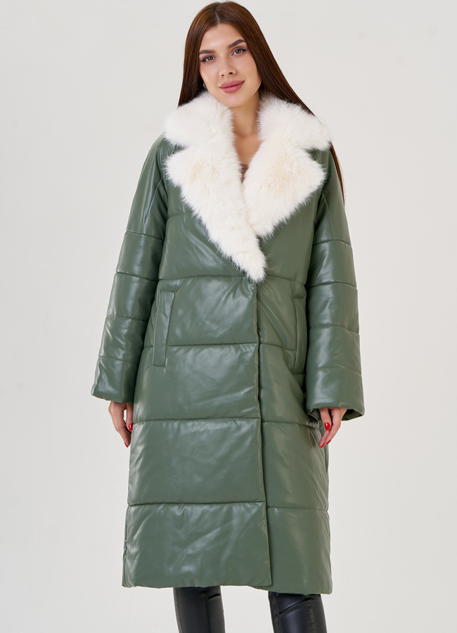 Женский классический пуховик Malina Siberian из эко кожи в зеленом цвете модель № 23365 универмаг малина