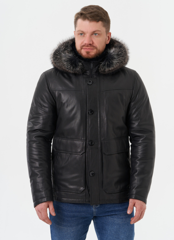 Пуховик из натуральной кожи с мехом енота