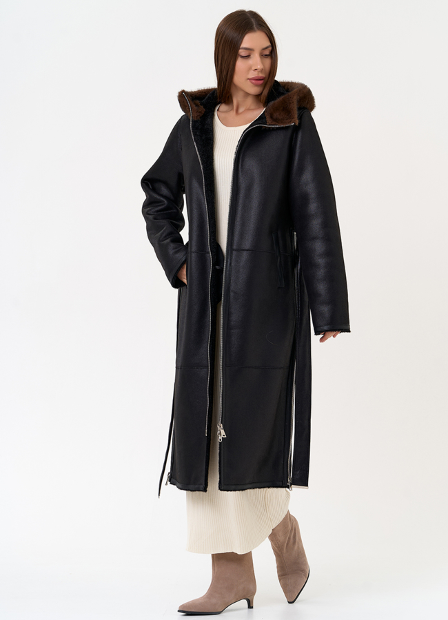 фото Женская дубленка из эко замши с поясом модель № 31432