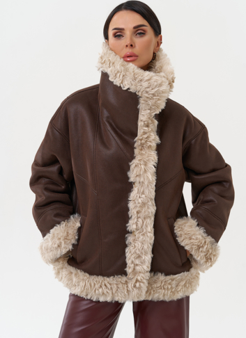 Дубленка из эко замши с высоким воротником