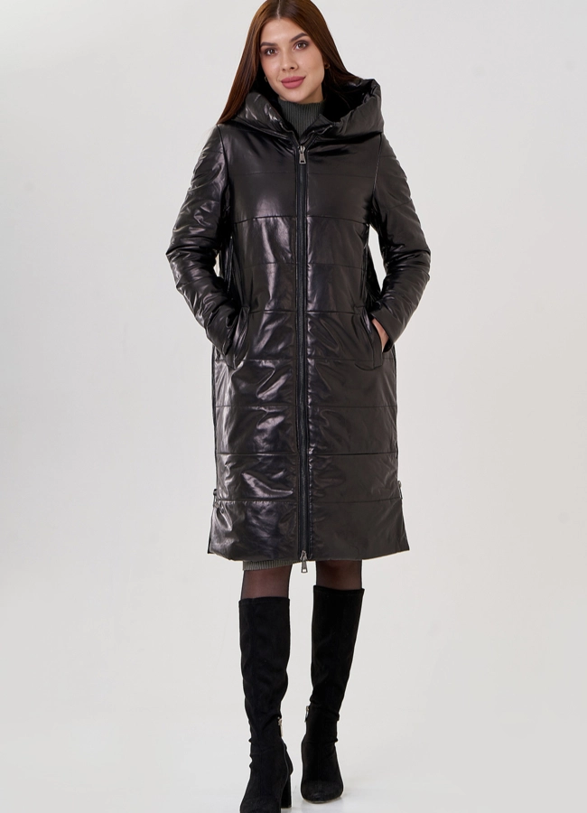 фото Женский пуховик из натуральной кожи с капюшоном  модель № 18231