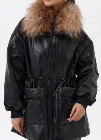 Кожаный пуховик с мехом фото