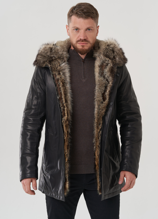 Мужская куртка с капюшоном на мехе из волка модель № 82264 в кредит