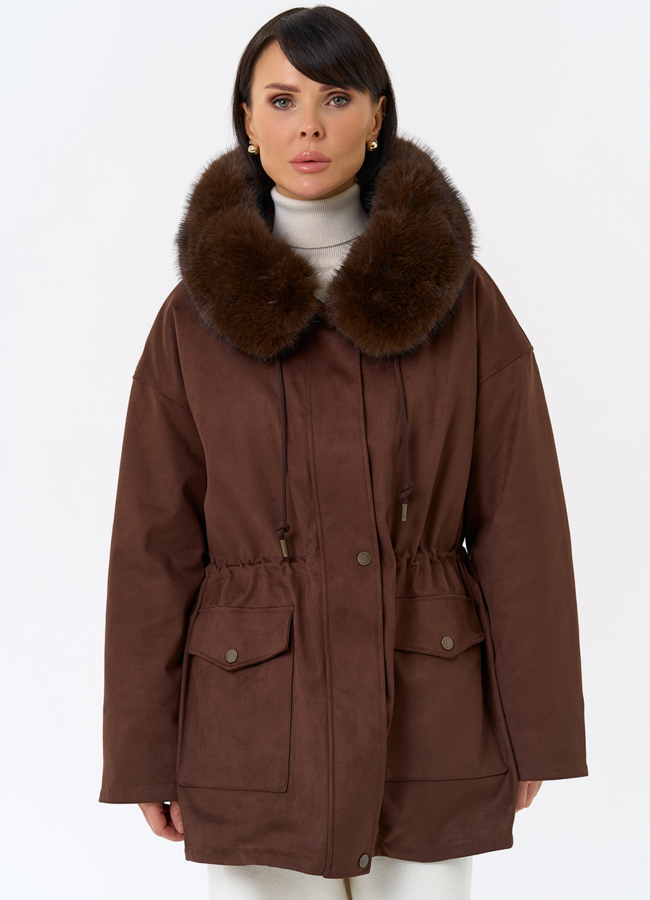 Женская парка из эко замши с капюшоном из эко меха модель № 31947 универмаг малина