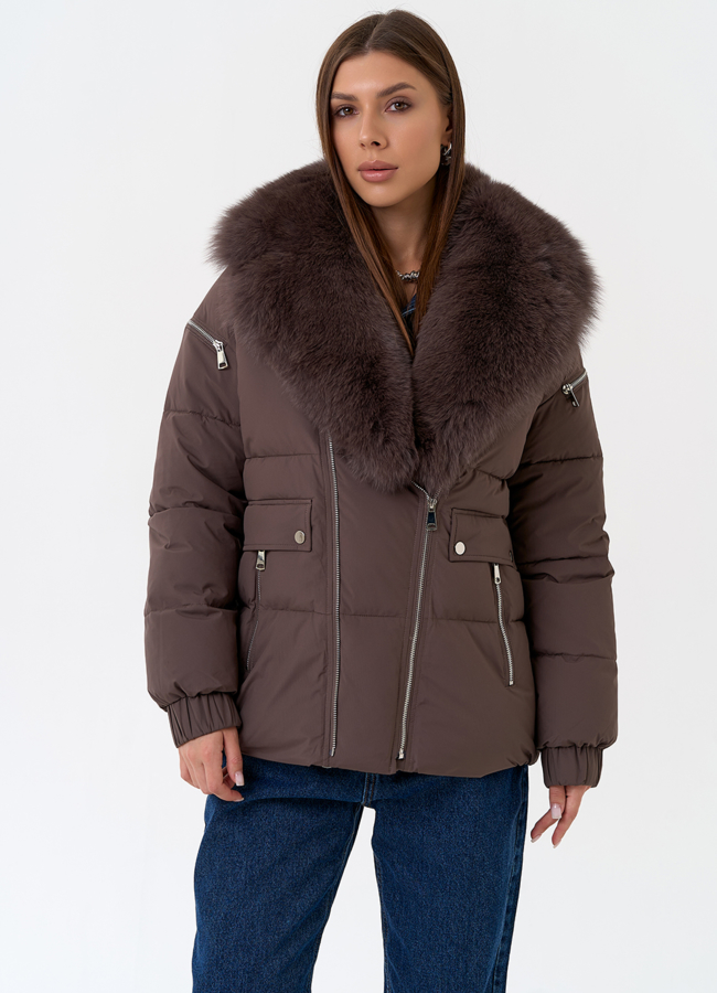 Женский пуховик с воротником из меха песца модель № 31427 меха малина