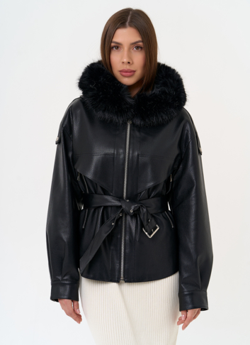 Женская утепленная куртка из эко кожи с поясом Женская утепленная куртка из эко кожи с поясом