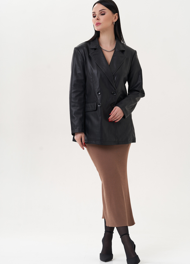 Пиджак черного цвета из эко кожи модель № 26745 в кредит