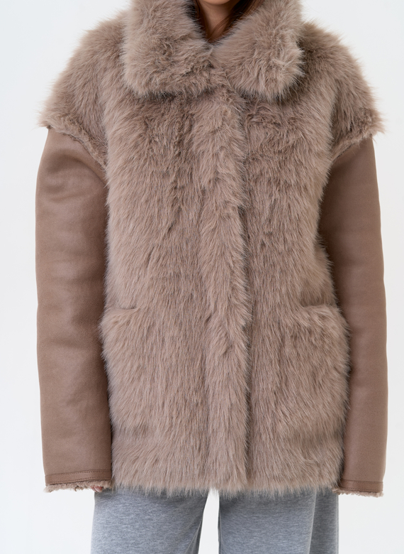Женская дубленка из эко замши с отделкой из эко меха