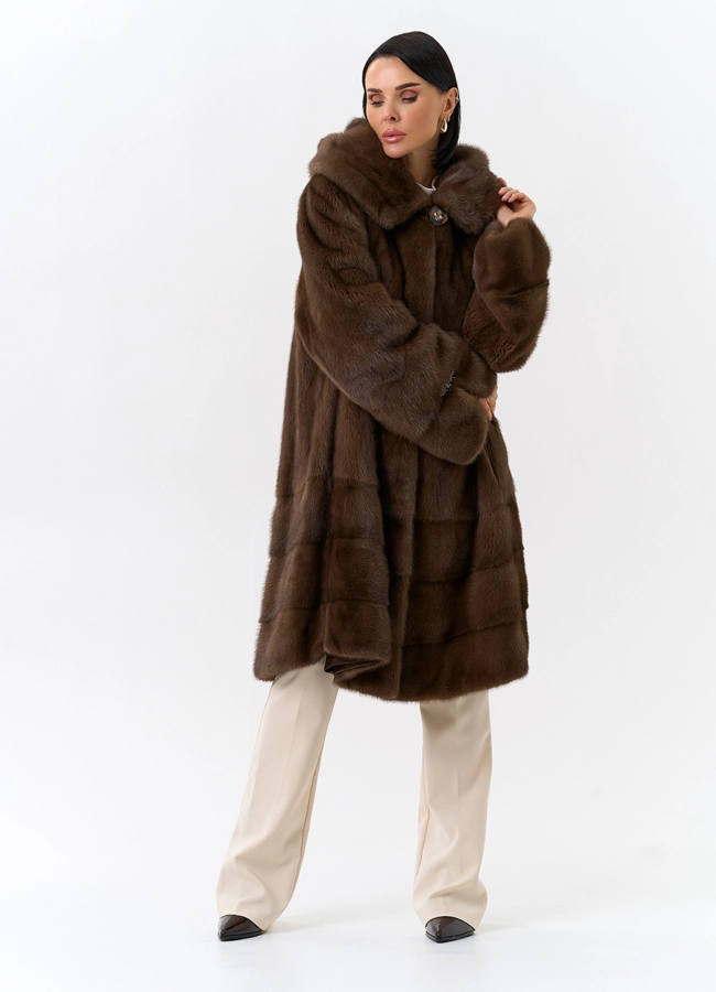 Шуба из меха норки с капюшоном модель № 28983 меха малина