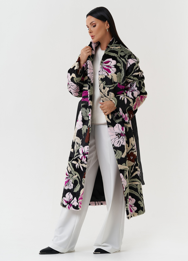 Пальто из эко меха с цветочным принтом модель № 28549 универмаг малина