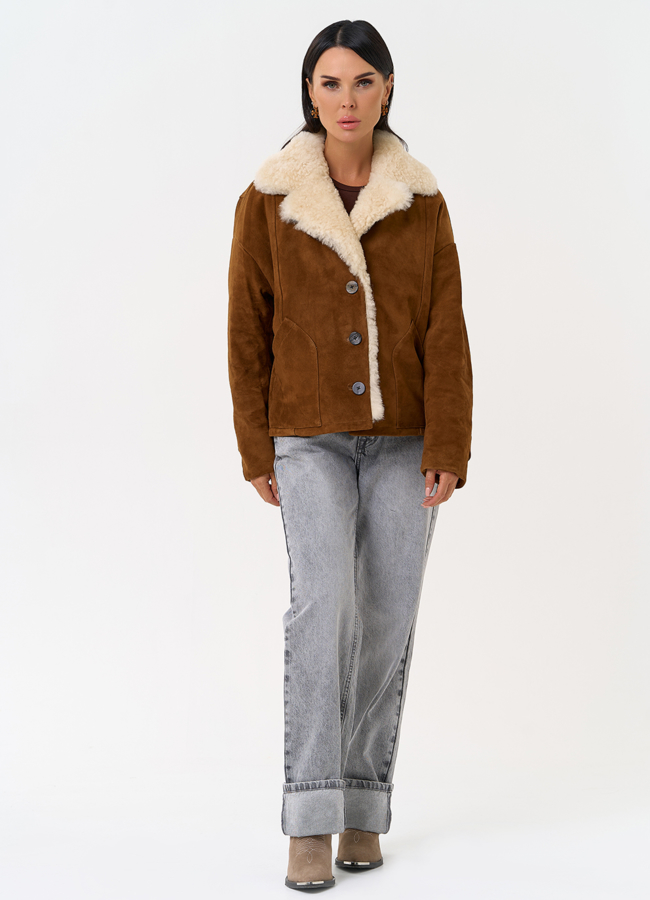 Пуховик из натуральной замши с мехом модель № 31409 универмаг малина