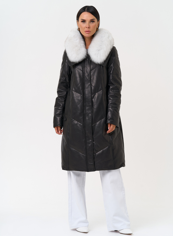 Длинный пуховик из натуральной кожи