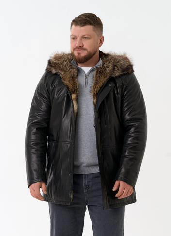 Мужская натуральная дубленка на волке с отделкой из меха енота