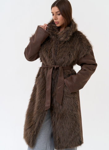 Женская дубленка из эко замши с отделкой из эко меха