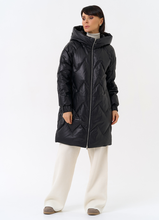 фото Длинный пуховик из кожи модель № 31215