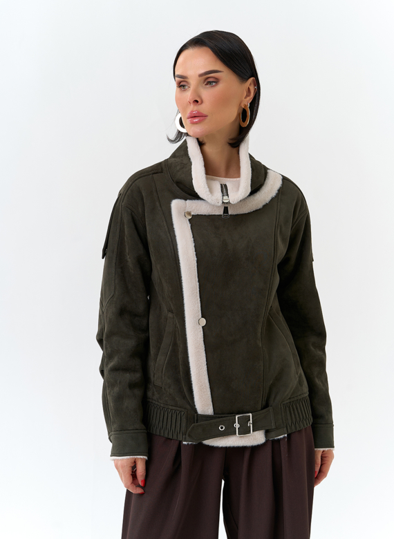 Женская дубленка бомбер из эко замши