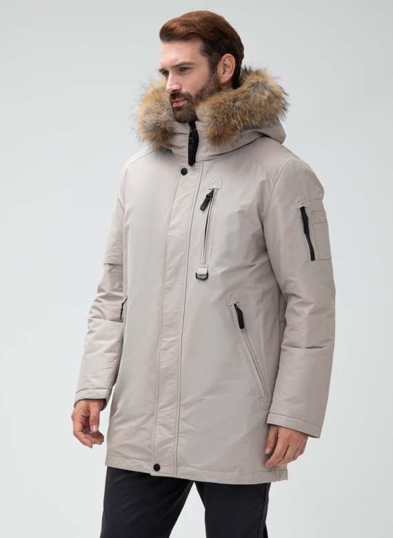 Мужской пуховик с капюшоном из меха енота