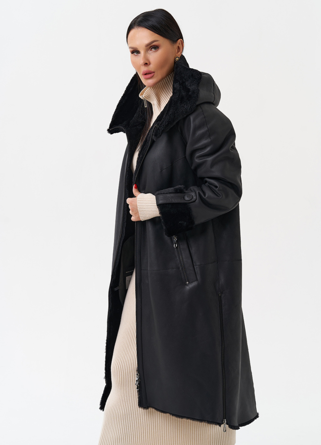 Натуральная дубленка с капюшоном модель № 28956 меха малина