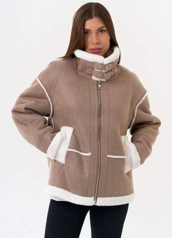 Женская дубленка из эко замши с воротником стойкой