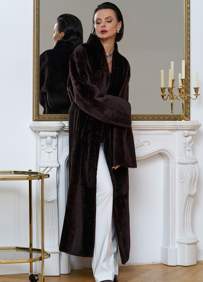 Двухсторонняя женская дубленка с декоративным поясом модель № 32084 в кредит