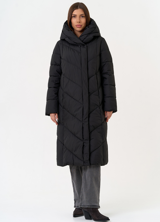 Женский пуховик черного цвета с поясом модель № 31603 в кредит