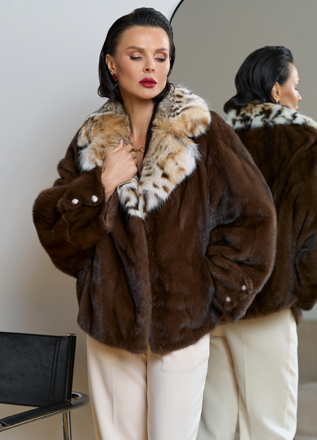 Куртка из меха норки с английским воротником из меха рыси модель № 31756 меха малина