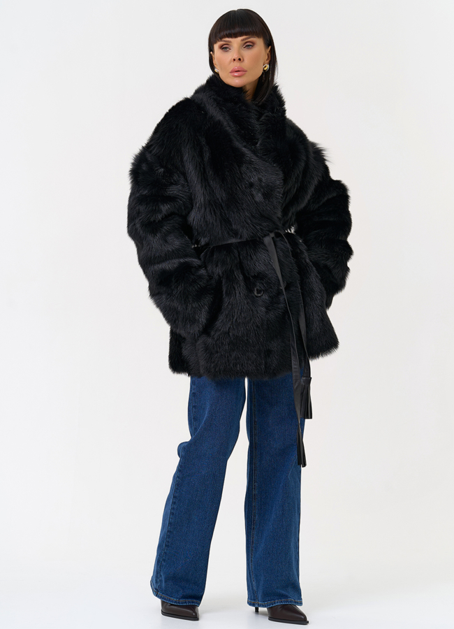 Двухсторонняя дубленка черного цвета с декоративным поясом модель № 31618 в рассрочку