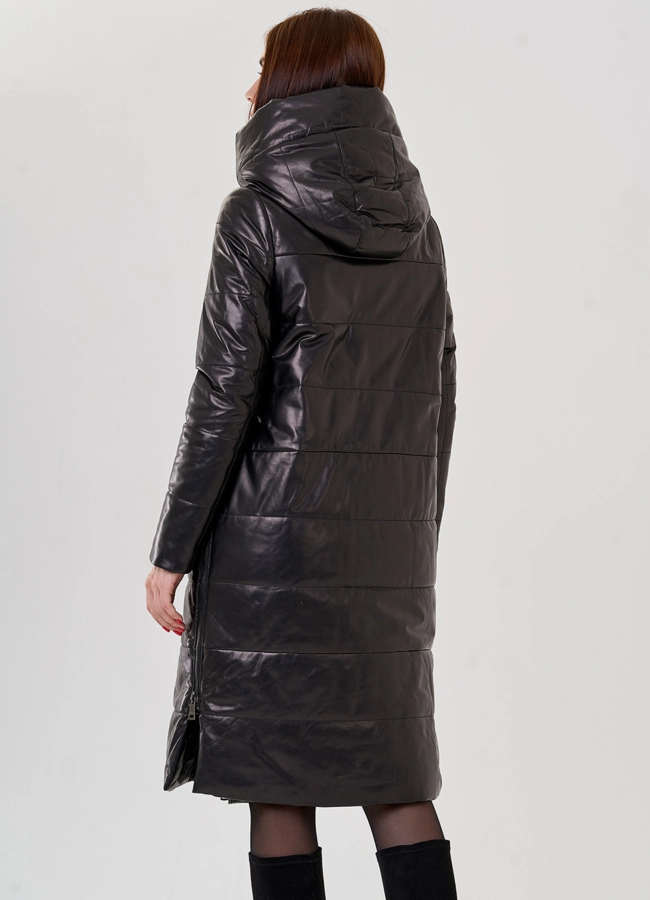 Женский пуховик из натуральной кожи с капюшоном  модель № 18231 в кредит